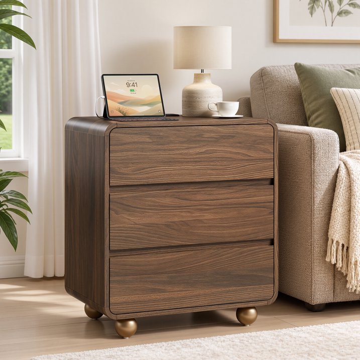 Aufeile Nightstand for Bedroom with Charging Station, 23.6" Wide Bedside Table with 3 Drawers & Open Shelf, Curved Wood Night Stand for Bedroom or Living Room, Walnut