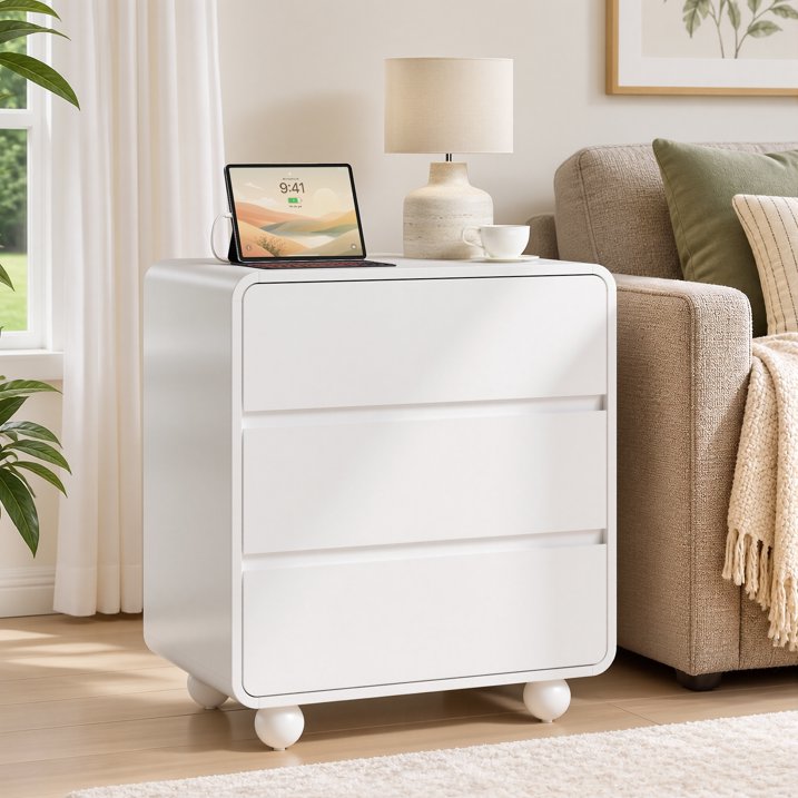 Aufeile Nightstand for Bedroom with Charging Station, 23.6" Wide Bedside Table with 3 Drawers & Open Shelf, Curved Wood Night Stand for Bedroom or Living Room, White