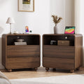 Aufeile Nightstand Set of 2 with Charging Station, Wood Bedside Tables with 2 Drawers & Open Shelf, Curved Storage Cabinets for Bedroom, Living Room, Walnut