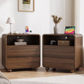 Aufeile Nightstand Set of 2 with Charging Station, Wood Bedside Tables with 2 Drawers & Open Shelf, Curved Storage Cabinets for Bedroom, Living Room, Walnut