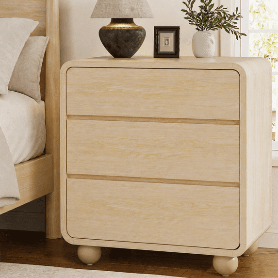 Aufeile Nightstand with Charging Station, Modern Curved Nightstand with 3 Drawers, Bedside Table for Bedroom, Natural Oak