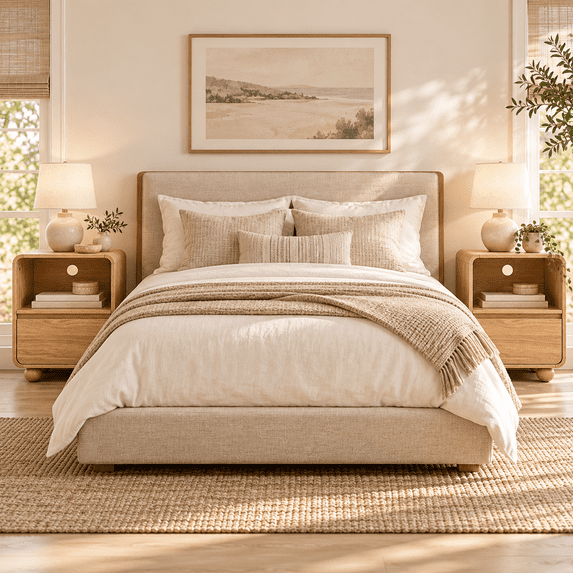 Aufeile Nightstands Set of 2 with Charging Station, Curved Bedside Tables with Drawer and Open Shelf, Natural