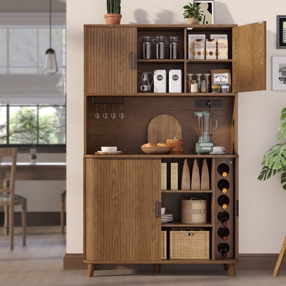 Aufeile Pantry, 71" Tall Kitchen Pantry Cabinet with Charging Station, Pantry Storage Cabinet with Countertop and Sliding Doors, 39" Wide Modern Kitchen Hutch for Dining Room, Living Room, Walnut