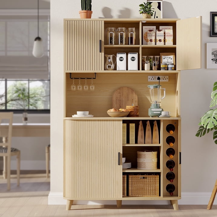 Aufeile Pantry Cabinet, 71" Tall Kitchen Pantry with Outlet, Pantry Storage Cabinet with Countertop and Sliding Doors, 39" Wide Hutch for Dining Room, Living Room, Natural Oak
