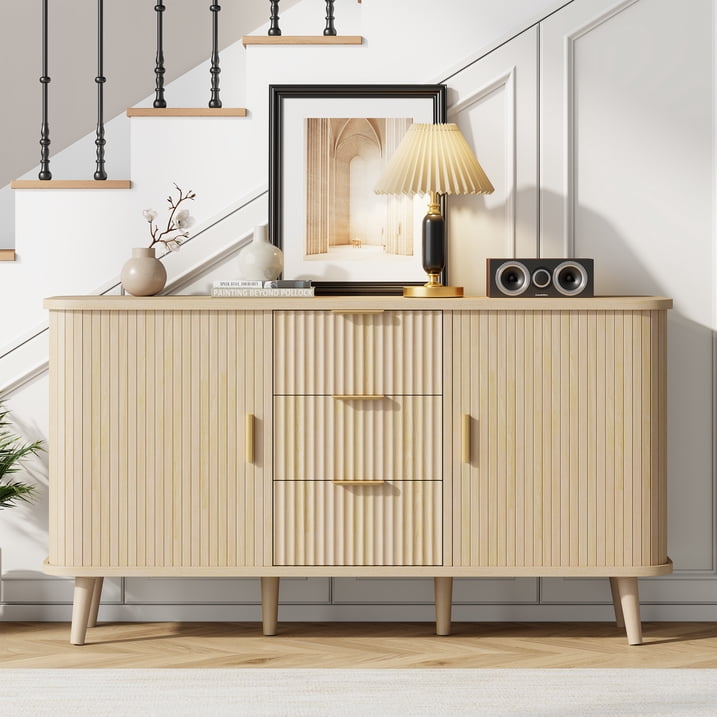 Aufeile Sideboard Buffet Cabinet, 55" Storage Cabinet with 3 Drawers and Adjustable Shelves, Modern Accent Cabinet for Kitchen, Dining Living Room, Entryway, Hallway, Natural Oak