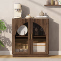 Aufeile Sideboard Buffet Cabinet, Arched Glass Door Storage Accent Cabinet with Adjustable Shelf for Kitchen Dining Living Room Entryway, Walnut