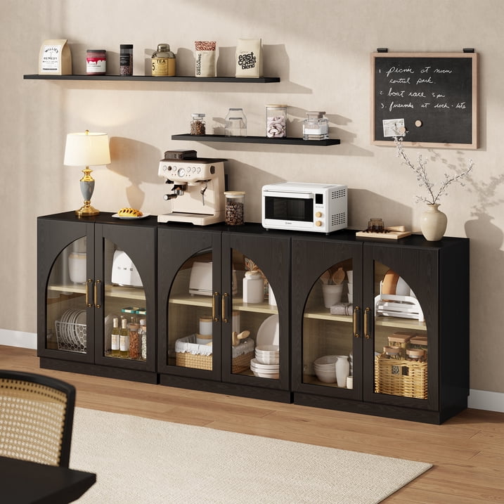 Aufeile Sideboard Buffet Cabinet with Adjustable Shelf, Arched Glass Door Accent Storage Cabinet for Kitchen Dining Living Room, Black Set of 3
