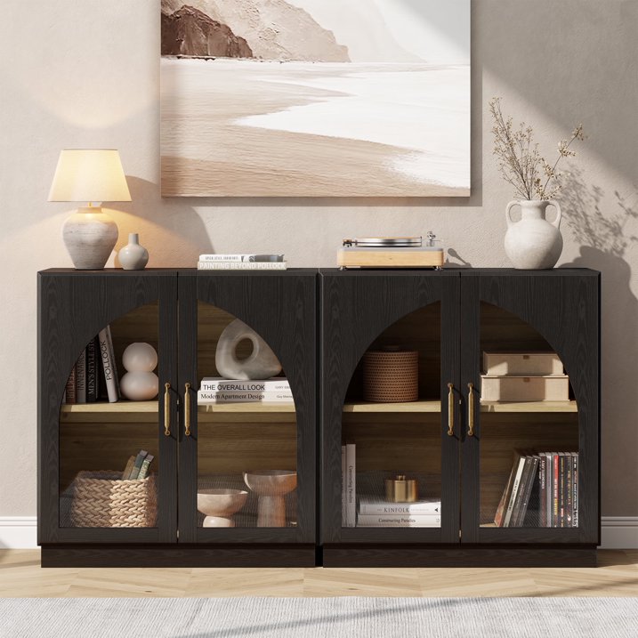 Aufeile Sideboard Buffet Cabinet with Adjustable Shelf, Arched Glass Door Accent Storage Cabinet for Kitchen Dining Living Room, Walnut Set of 2