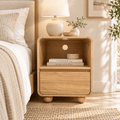Aufeile Small Nightstand with Charging Station, Curved Bedside Table with Drawer and Open Storage Shelf for Bedroom, Natural