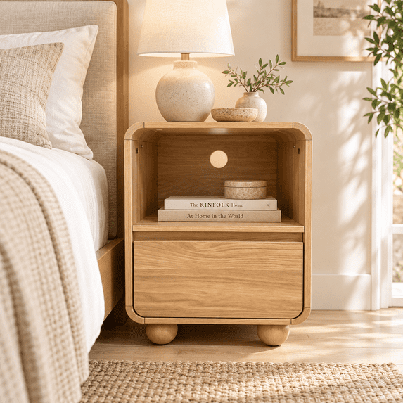 Aufeile Small Nightstand with Charging Station, Curved Bedside Table with Drawer and Open Storage Shelf for Bedroom, Natural