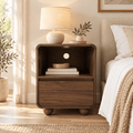 Aufeile Small Nightstand with Charging Station, Curved Bedside Table with Drawer and Open Storage Shelf for Bedroom, Walnut
