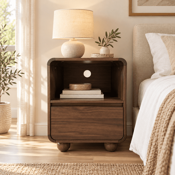 Aufeile Small Nightstand with Charging Station, Curved Bedside Table with Drawer and Open Storage Shelf for Bedroom, Walnut