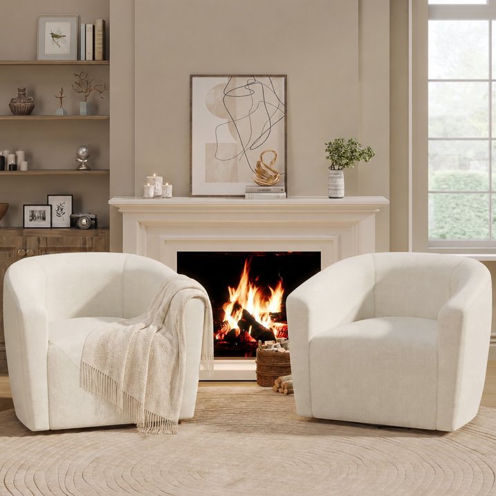 Aufeile Swivel Barrel Accent Chair Set of 2 for Living Room, Modern Round 360° Swivel Chair with Curve Back, Comfy Upholstered Single Sofa Chairs for Bedroom and Office, Beige