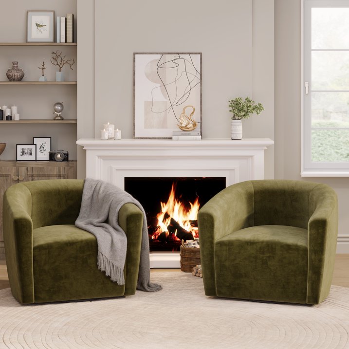 Aufeile Swivel Barrel Accent Chair Set of 2 for Living Room, Modern Round 360° Swivel Chair with Curve Back, Comfy Upholstered Single Sofa Chairs for Bedroom and Office, Green