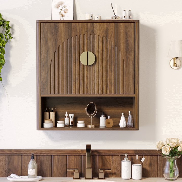 Aufeile Bathroom Wall Cabinet, Modern Medicine Storage Cabinet with Adjustable Shelf for Laundry Room, Living Room, Walnut