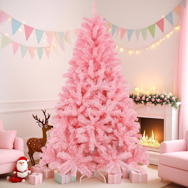 Aufelie Pink Christmas Tree, 6ft unlit Christmas Tree W/ 800 Hinged Branch Tips, Premium Spruce Artificial Xmas Tree with Folding Metal Stand, for Indoor/Outdoor Holiday Decoration