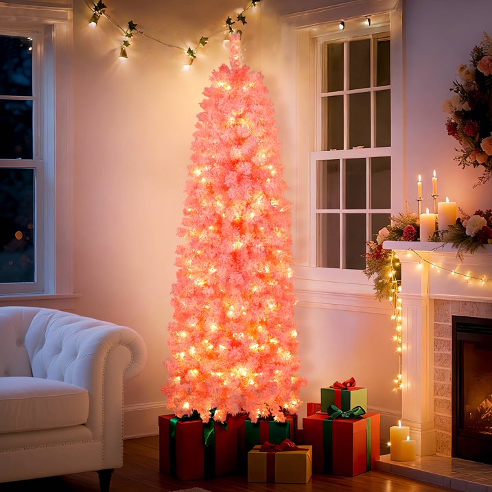 Aufelie 6FT Snow Flocked Pencil Christmas Tree, Artificial Pink Christmas Tree with 502 Hinged Branch Pre-lit Christmas Tree with 200 Warm White LED Lights, Xmas Tree with Metal Stand