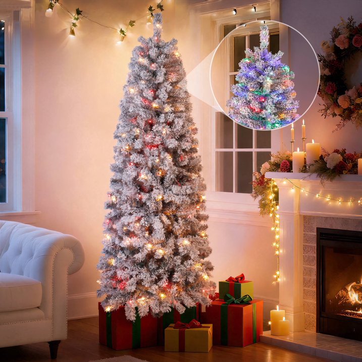 Aufelie 6FT Snow Flocked Christmas Tree, Artificial Pencil Christmas Tree with 502 Hinged Branch, Pre-lit Christmas Tree with 250 Multicolor LED Lights & 8 Modes Lights
