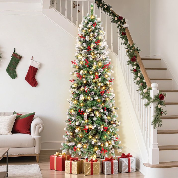 Aufelie 6FT Pre-lit Pencil Christmas Tree, Artificial Green Xmas Trees with 600 Hinged Branch & 200 LED Lights, Slim Christmas Tree with 40 Pine Cones & 280 Red Berries for Holiday Decoration