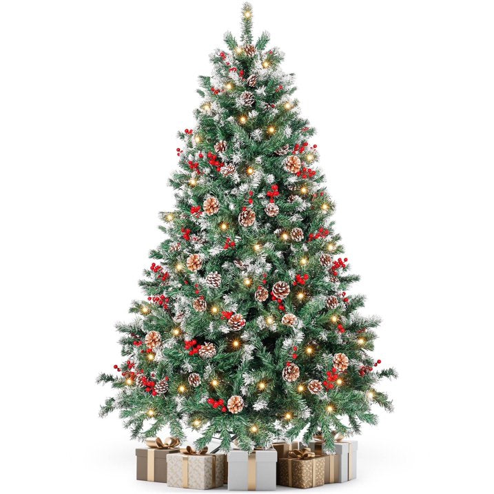 Aufelie 6ft Pre-lit Artificial Christmas Tree w/800 Tips, Holiday Decoration with 250 Warm White Lights, 54 Pines & 54 Red Berries, Hinged Xmas Tree for Home, Office, Party