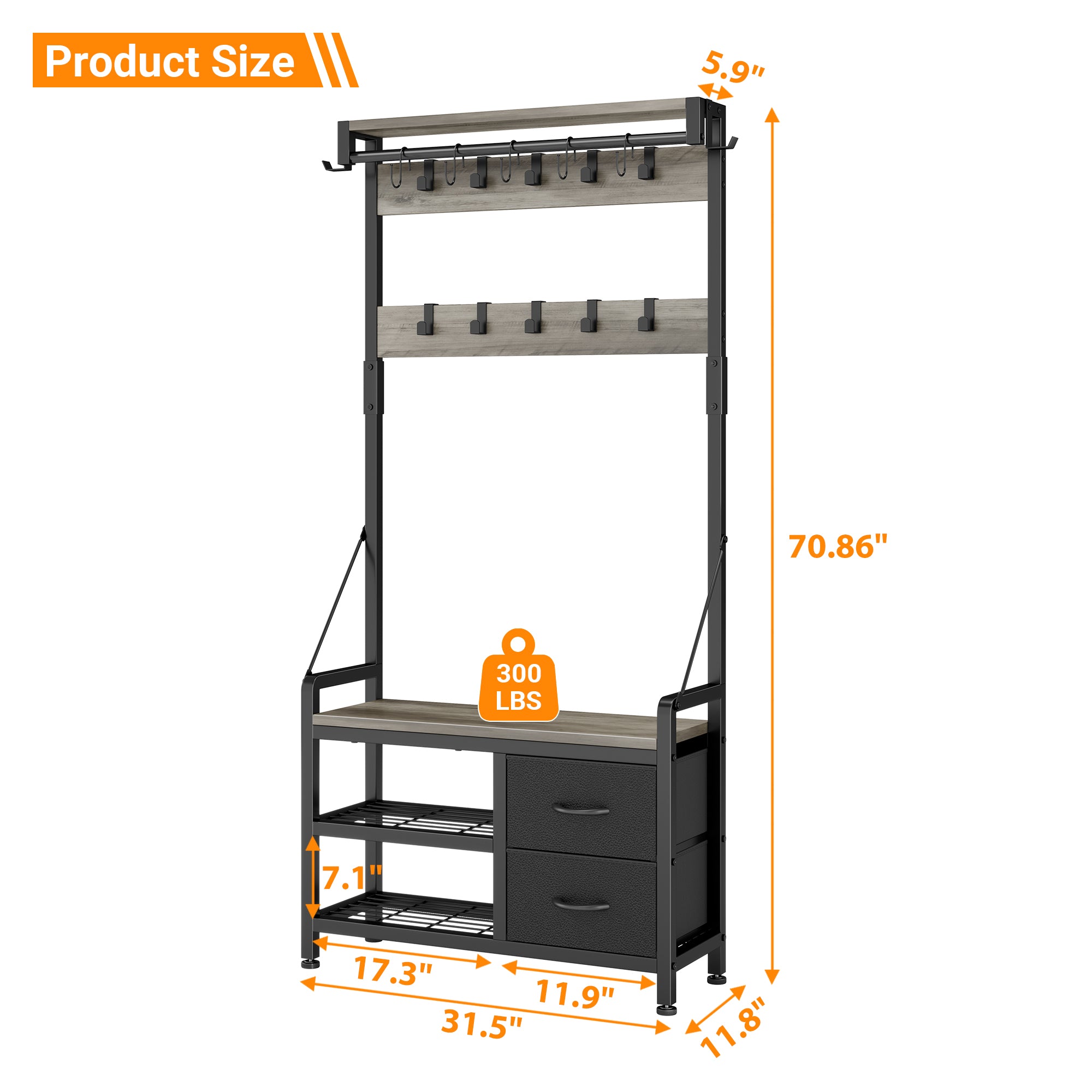 Aufeile Hall Tree with Bench, 6-in-1 Entryway Storage Organizer with Shoe Rack, 17 Hooks, 2 Drawers, Hanging Rod & Top Shelf, Industrial Coat Rack for Hallway, Living Room, Grey
