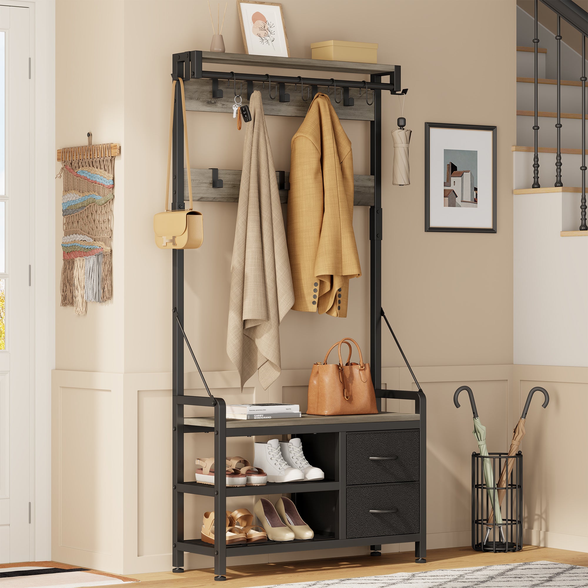 Aufeile Hall Tree with Bench, 6-in-1 Entryway Storage Organizer with Shoe Rack, 17 Hooks, 2 Drawers, Hanging Rod & Top Shelf, Industrial Coat Rack for Hallway, Living Room, Grey