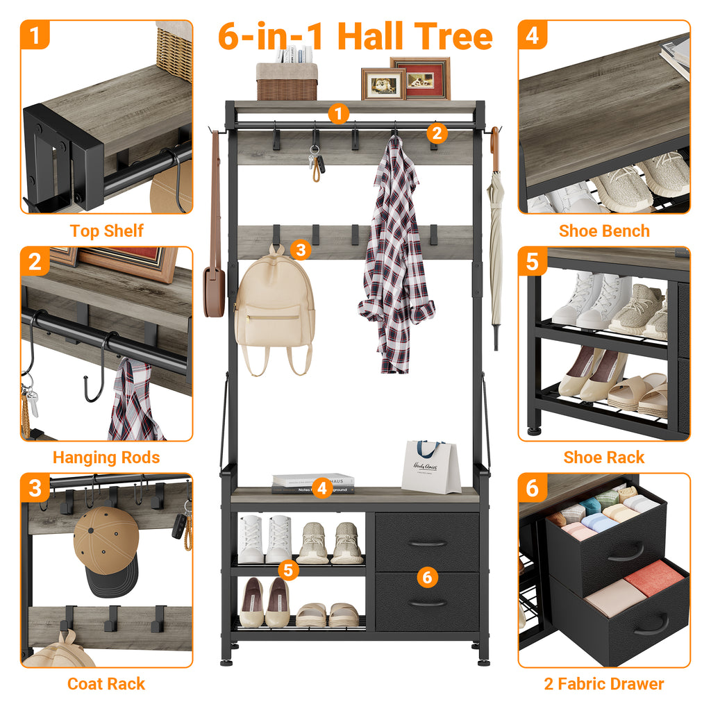 Aufeile Hall Tree with Bench, 6-in-1 Entryway Storage Organizer with Shoe Rack, 17 Hooks, 2 Drawers, Hanging Rod & Top Shelf, Industrial Coat Rack for Hallway, Living Room, Grey