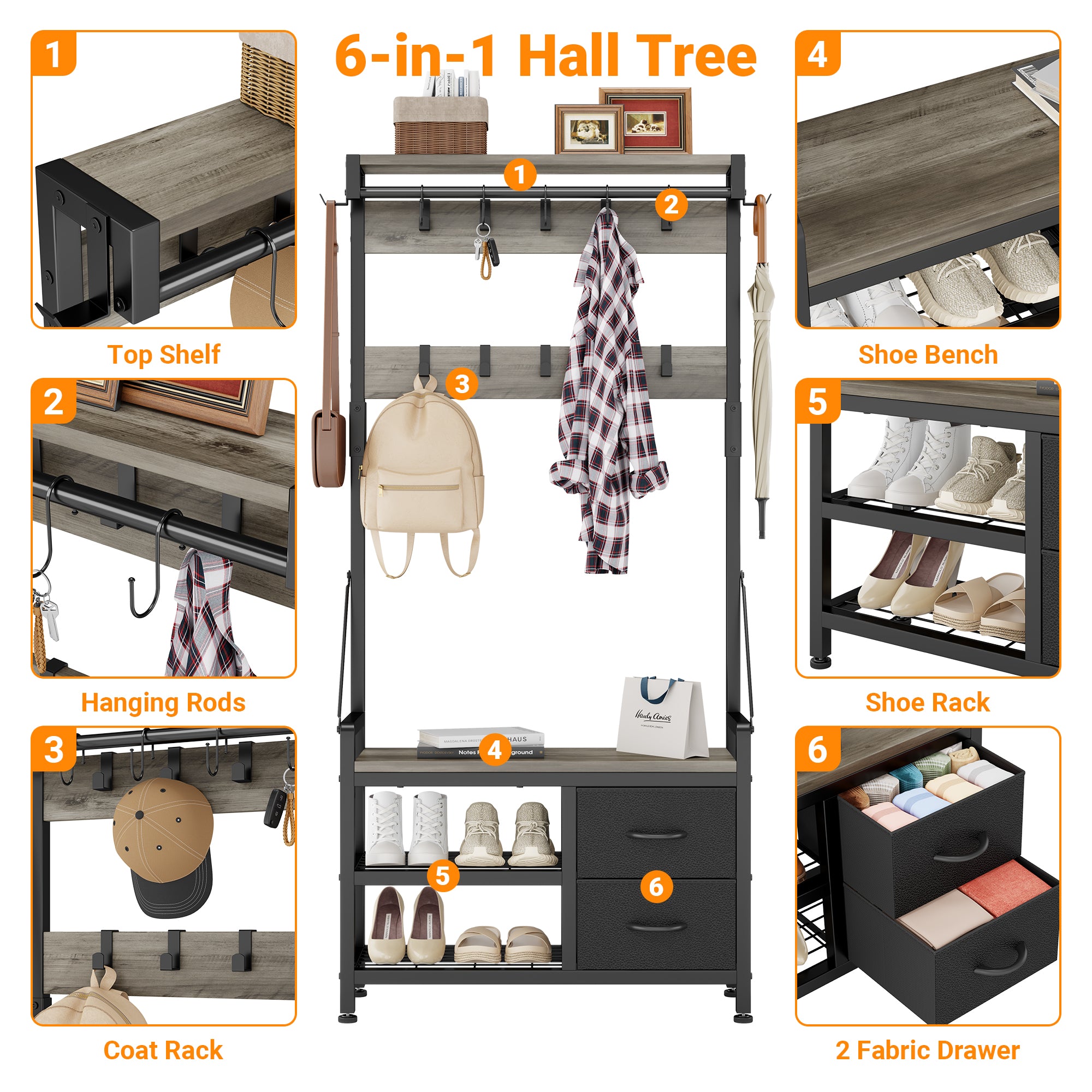 Aufeile Hall Tree with Bench, 6-in-1 Entryway Storage Organizer with Shoe Rack, 17 Hooks, 2 Drawers, Hanging Rod & Top Shelf, Industrial Coat Rack for Hallway, Living Room, Grey