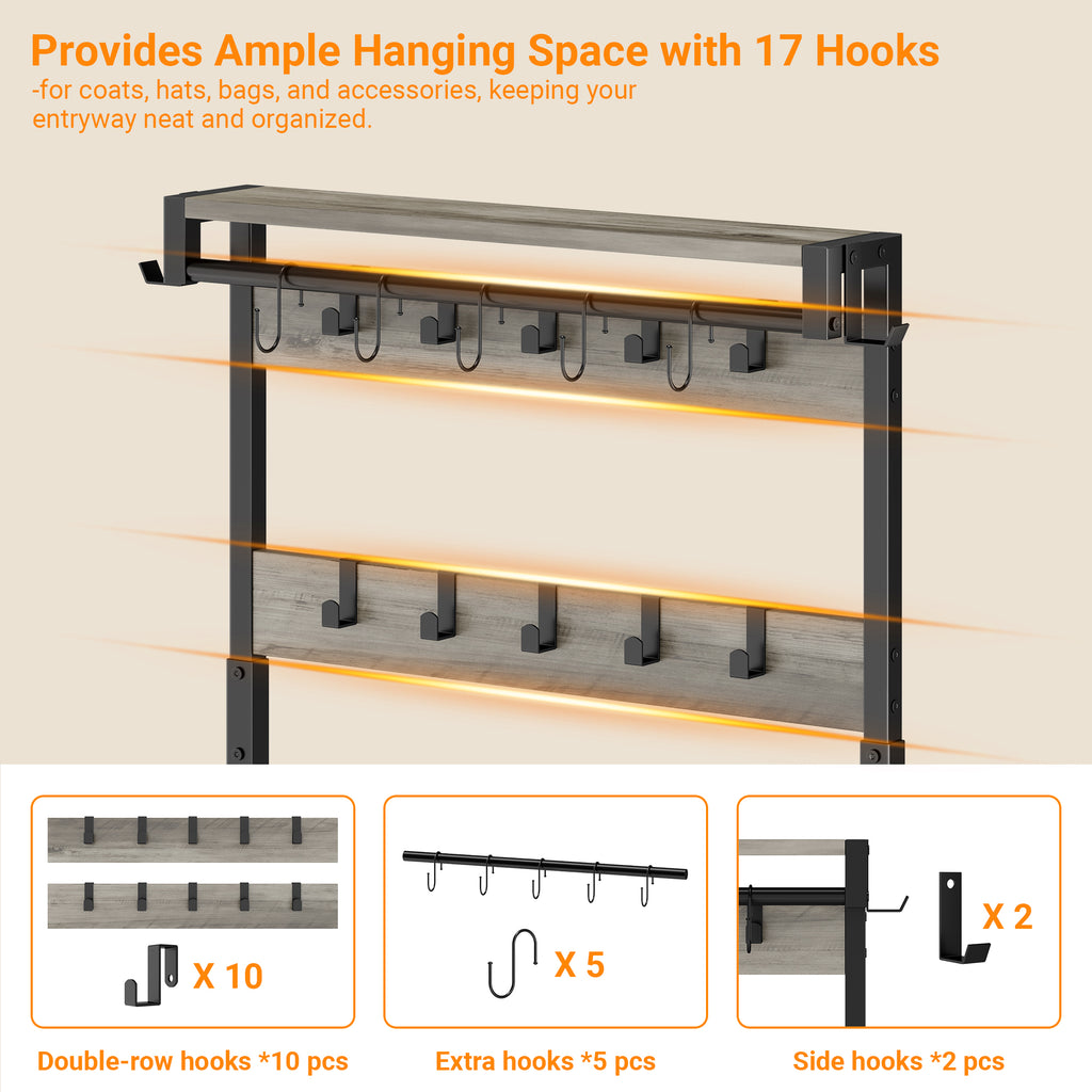 Aufeile Hall Tree with Bench, 6-in-1 Entryway Storage Organizer with Shoe Rack, 17 Hooks, 2 Drawers, Hanging Rod & Top Shelf, Industrial Coat Rack for Hallway, Living Room, Grey