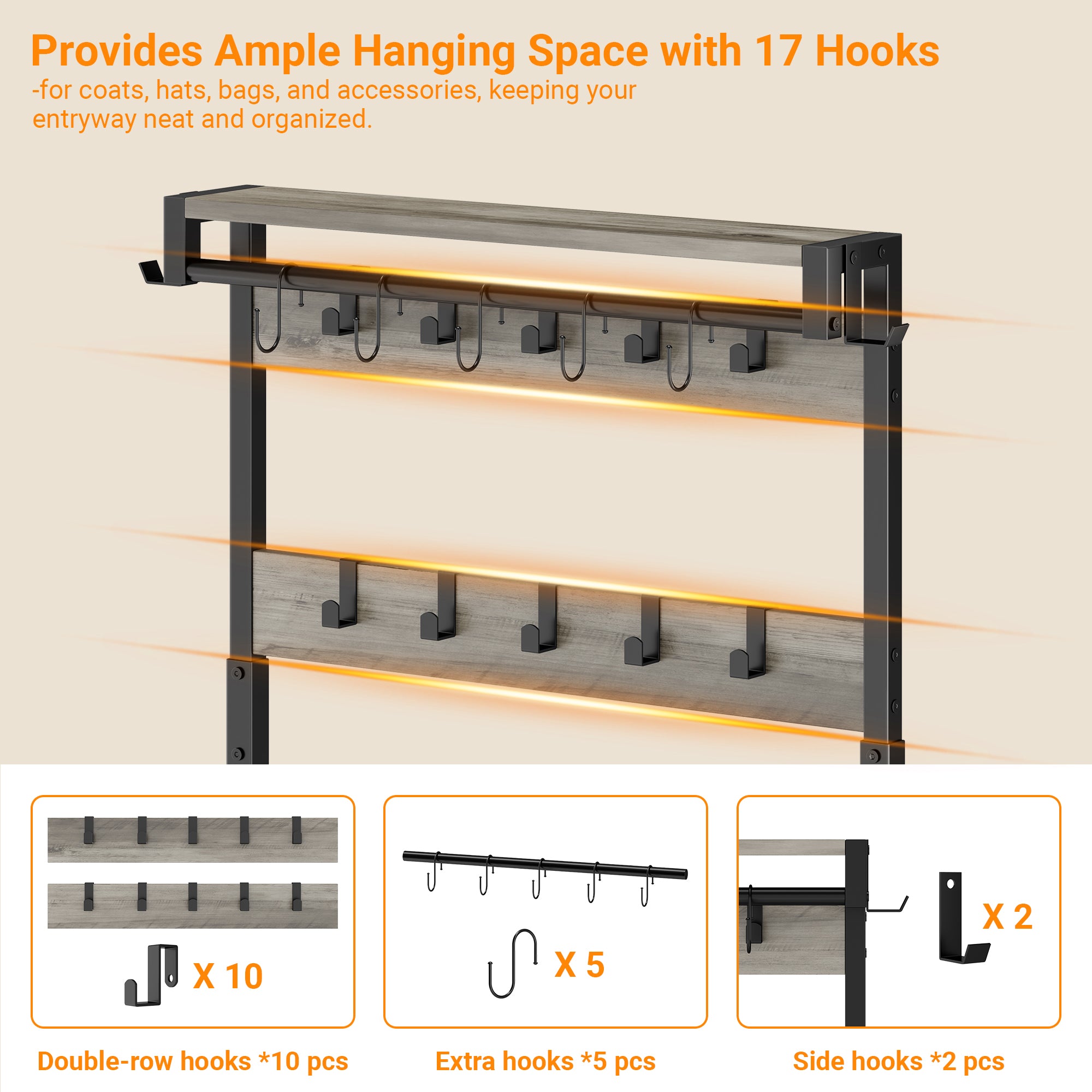 Aufeile Hall Tree with Bench, 6-in-1 Entryway Storage Organizer with Shoe Rack, 17 Hooks, 2 Drawers, Hanging Rod & Top Shelf, Industrial Coat Rack for Hallway, Living Room, Grey