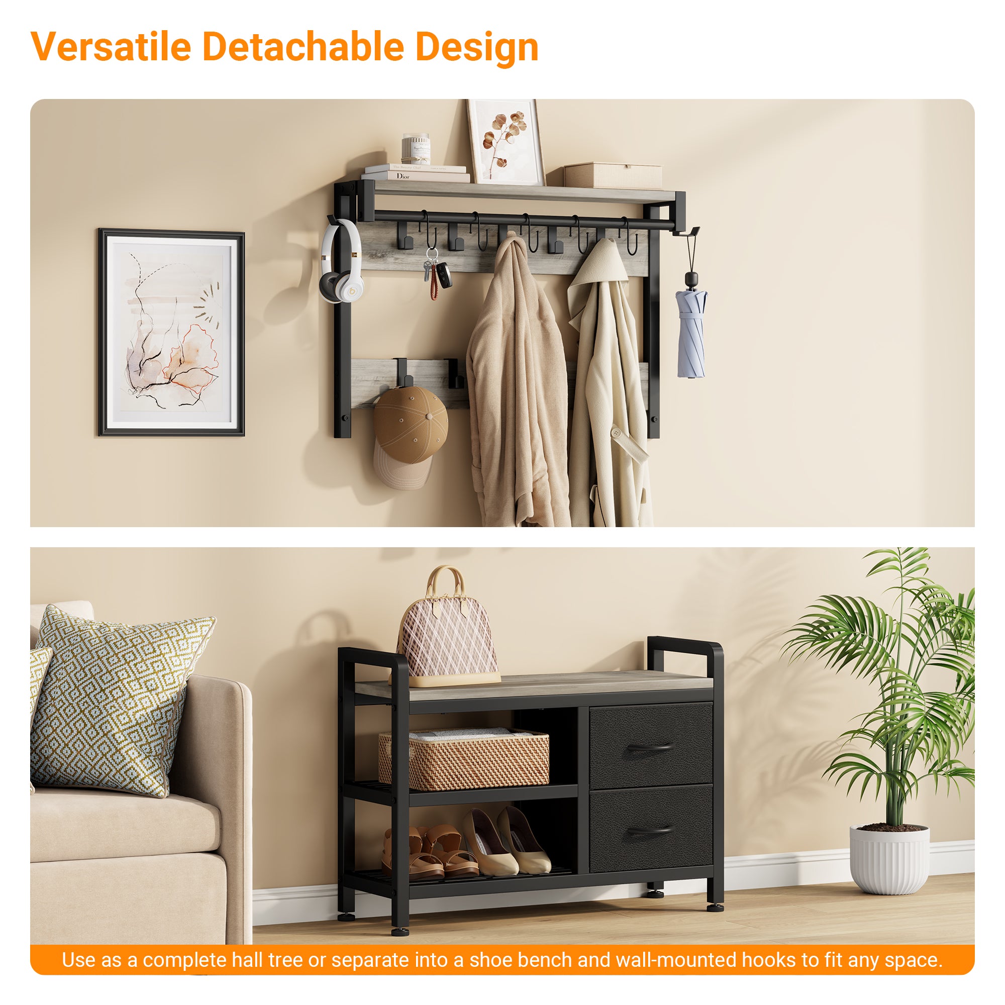 Aufeile Hall Tree with Bench, 6-in-1 Entryway Storage Organizer with Shoe Rack, 17 Hooks, 2 Drawers, Hanging Rod & Top Shelf, Industrial Coat Rack for Hallway, Living Room, Grey