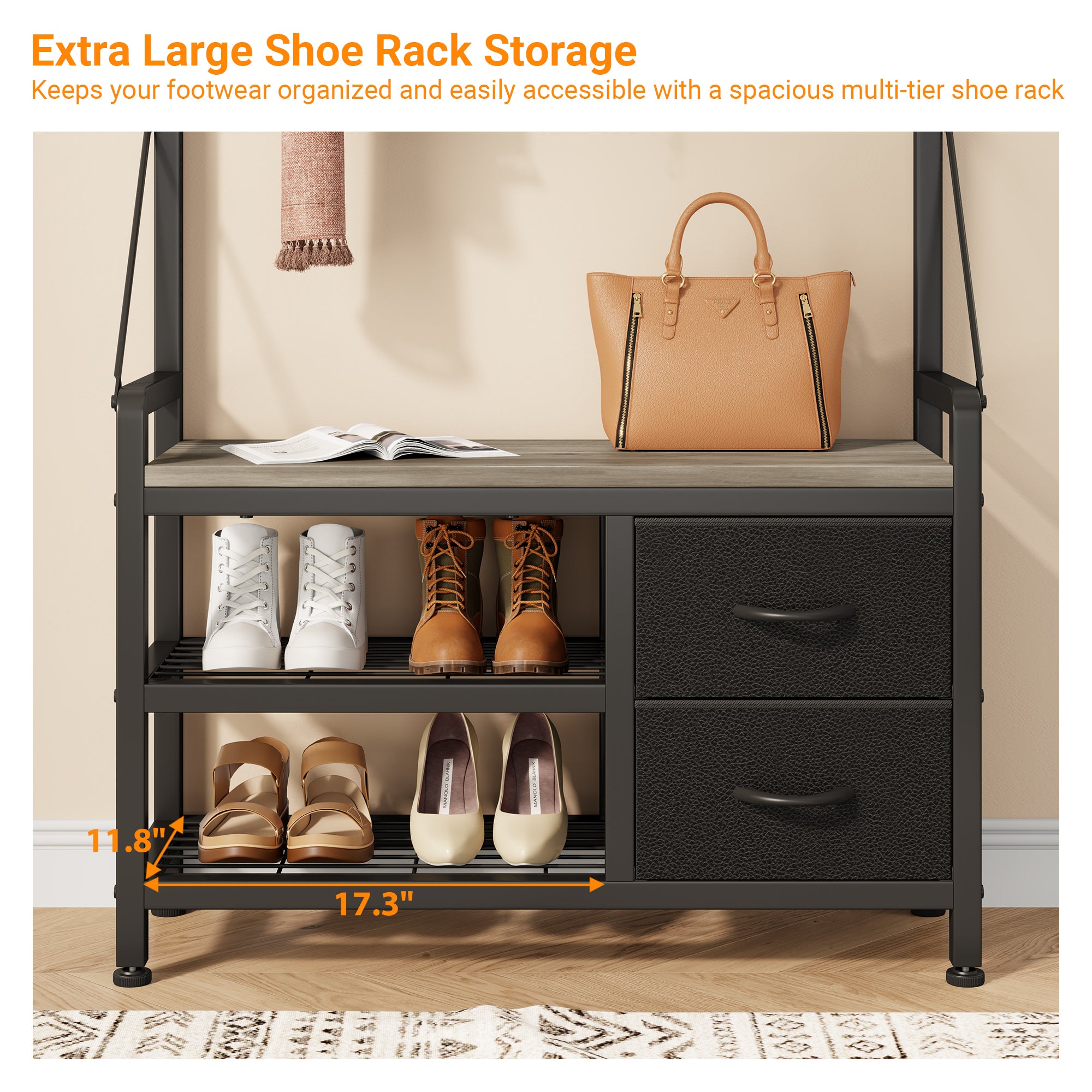 Aufeile Hall Tree with Bench, 6-in-1 Entryway Storage Organizer with Shoe Rack, 17 Hooks, 2 Drawers, Hanging Rod & Top Shelf, Industrial Coat Rack for Hallway, Living Room, Grey