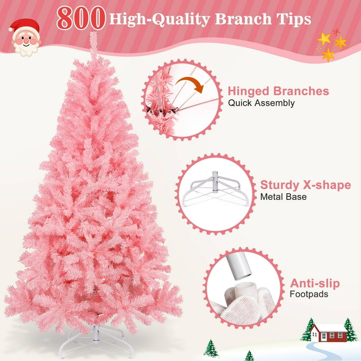 Aufelie Pink Christmas Tree, 6ft unlit Christmas Tree W/ 800 Hinged Branch Tips, Premium Spruce Artificial Xmas Tree with Folding Metal Stand, for Indoor/Outdoor Holiday Decoration