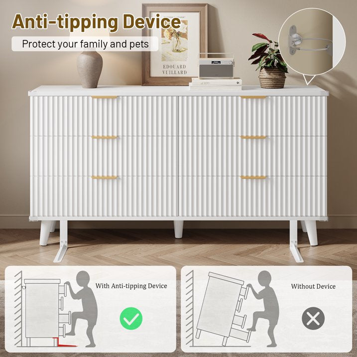 Aufeile 3 Piece Dresser and Nightstand Set for Bedroom, Boho 6 Drawer Dresser & Nightstands Set of 2 with 3 Drawers & USB Charging, Fluted Wood Storage Cabine, Modern Bedroom Furniture Set, White