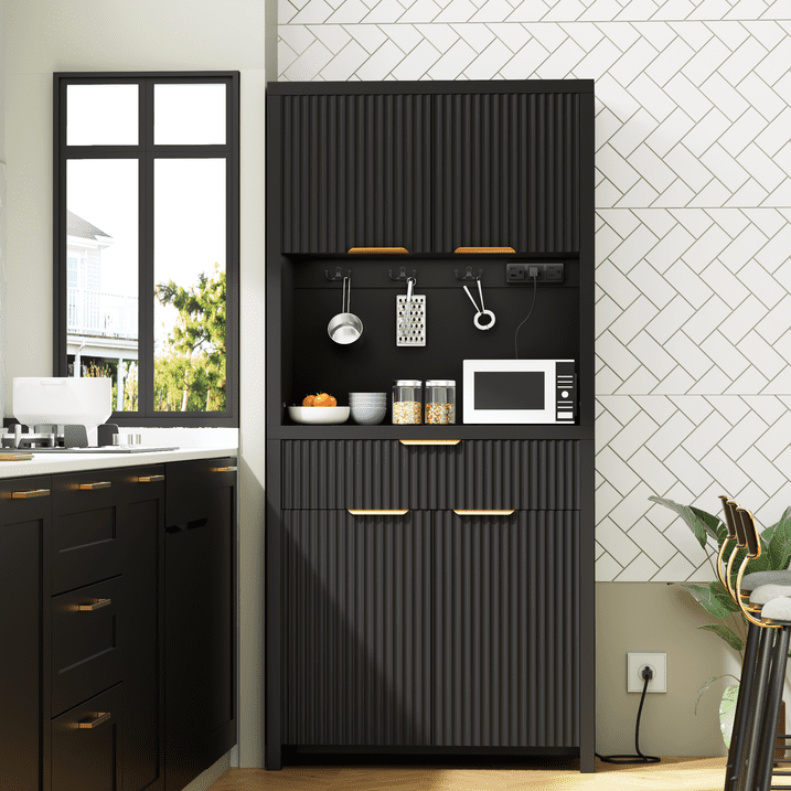 Aufeile Fluted Kitchen Pantry Storage Cabinet, 71" Tall Wood Pantry Hutch with 2 Adjustable Shelves & Drawer & Charging Station for Dining Room Hallway Living Room, Black