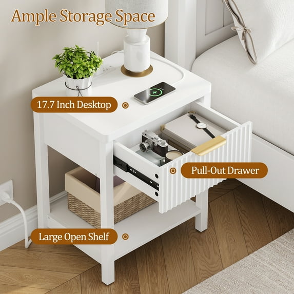 Aufeile Fluted Nightstand with Charging Station, Modern Bedside Table with Drawer & Open Shelf, End Table with 2 AC Outlets, USB & Type-C Ports for Bedroom or Living Room, White