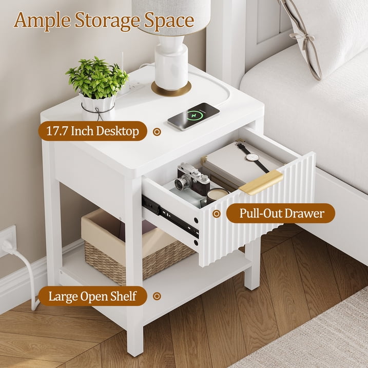 Aufeile Modern Fluted Bedside Table with Charging Station, Wood Nightstand with Drawer & Open Shelf, End Table with AC Outlets, USB & Type-C for Bedroom or Living Room, White