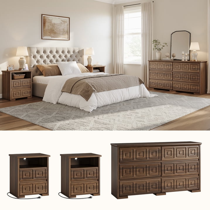 Aufeile Farmhouse Dresser for Bedroom, 54" Wide 6 Drawer Dresser with Carved Panels, Rustic Wooden Chest of Drawers, Long Bedroom Dresser Storage Cabinet for Living Room, Walnut