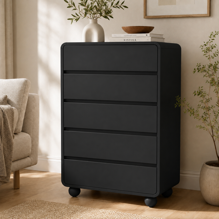 Aufeile 5 Drawer Wood Dresser Set of 2, 41" Tall Vertical Chest of Drawers with Curved Design, Modern Storage Cabinets for Bedroom, Living Room & Entryway, Black