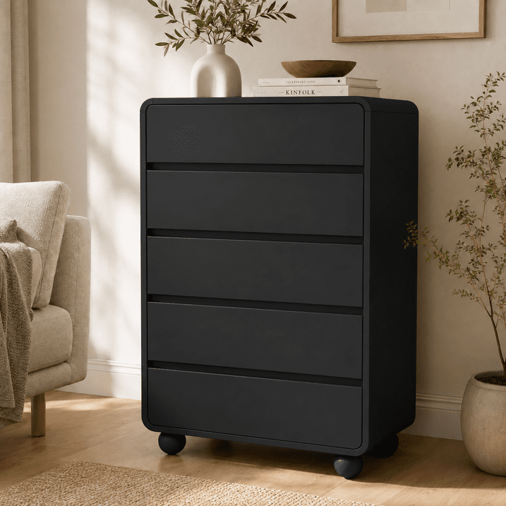 Aufeile 5 Drawer Dresser for Bedroom, 41" Tall Wood Chest of Drawers with Curved Design, Modern Vertical Storage Cabinet for Bedroom, Living Room & Entryway, Black
