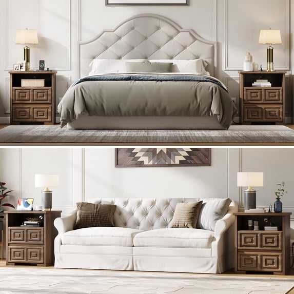 Aufeile Farmhouse Nightstand Set of 2, Rustic Sofa Side Table with USB & AC Outlets for Bedroom, End Tables with 2 Drawers for Living Room, Brown