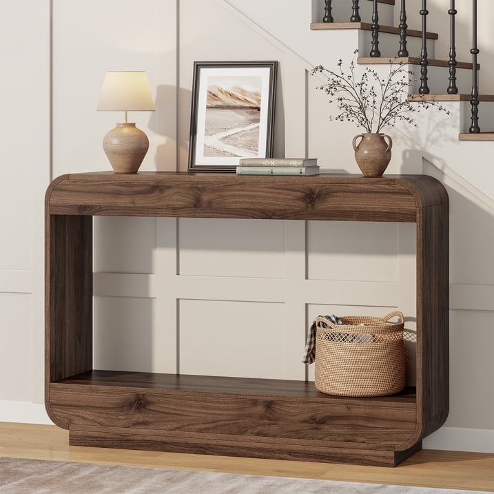 Aufeile 43" Entryway Table, Curved Console Table for Entryway, 2-Tier Wood Sofa Table with Open Storage Shelves Behind the Couch, Narrow Entry Table for Hallway Entrance Foyer, Walnut