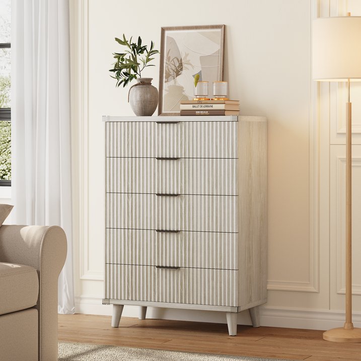 Aufeile 39.4" Tall Dresser for Bedroom, Fluted Wood Dresser with 5 Drawer, Modern Chest of Drawers for Bedroom with Wave Panel, Slim Storage Dresser for Small Spaces, White Oak