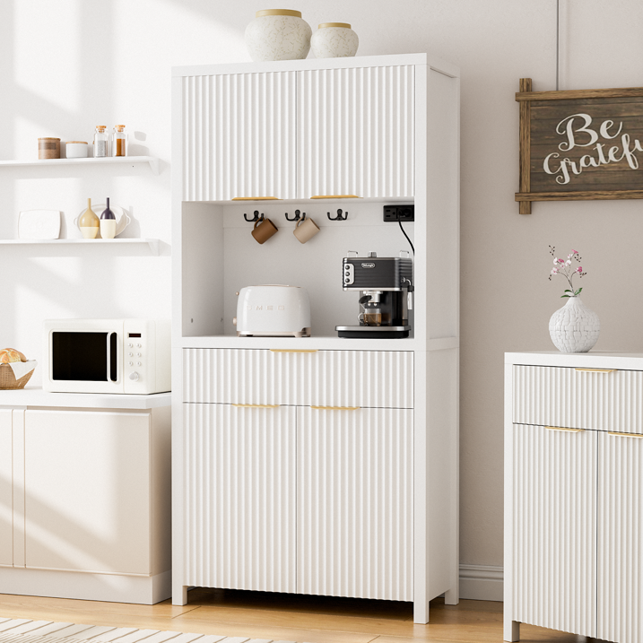 Aufeile 71" Tall Pantry Storage Cabinet with Drawer and Charging Station, Fluted Pantry Cabinet with Adjustable Shelves for Kitchen Dining Room Living Room, White