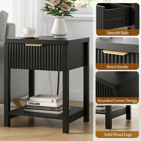 Aufeile Fluted Nightstand with Charging Station, Bedside Table with Drawer & Open Shelf, Small Wood Nightstand with 2 AC Outlets USB & Type-C, Bedroom Side Table, Black