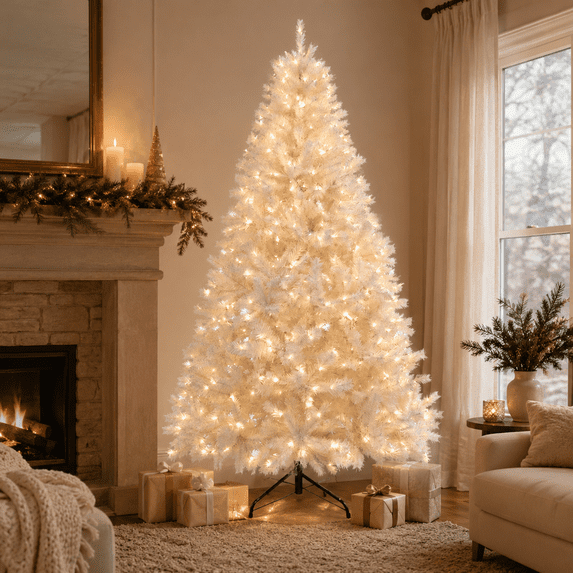 Aufelie 6FT White Christmas Tree, Artificial Christmas Tree with 250 Warm White LED Lights, 800 Branch Tips Pre-Lit Flocked Christmas Tree with Auto-Open Design & Folding Metal Stand