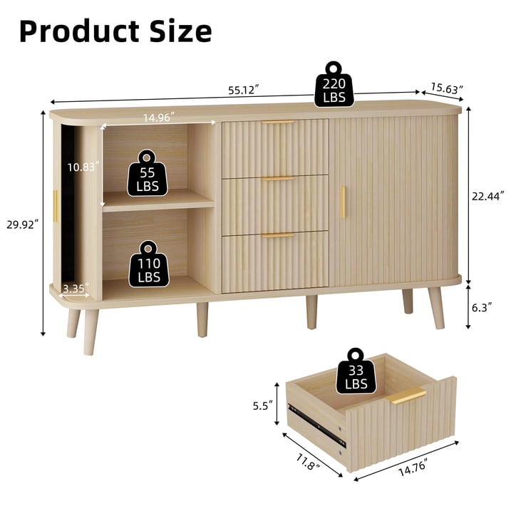 Aufeile Sideboard Buffet Cabinet, 55" Storage Cabinet with 3 Drawers and Adjustable Shelves, Modern Accent Cabinet for Kitchen, Dining Living Room, Entryway, Hallway, Natural Oak