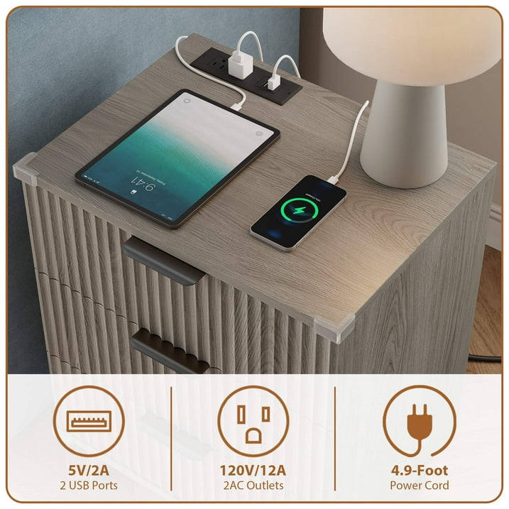 Aufeile 3 Piece Dresser and Nightstand Set for Bedroom, Boho 6 Drawer Dresser & Nightstands Set of 2 with 3 Drawers & USB Charging, Modern Bedroom Furniture Set, Dark Grey Oak