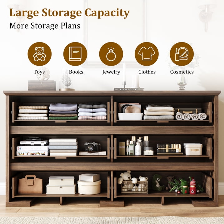 Aufeile Dresser and Nightstand 3 Piece Set - Includes Double 6 Drawer Farmhouse Dresser, Nightstand Set of 2 with Charging Station, Vintage Bedroom Set, Walnut