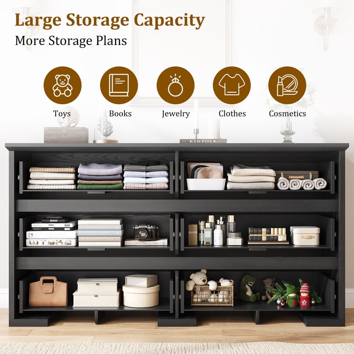Aufeile Farmhouse Dresser for Bedroom, 54" Wide 6 Drawer Dresser with Carved Panels, Rustic Wooden Chest of Drawers, Long Bedroom Dresser Storage Cabinet for Living Room, Black